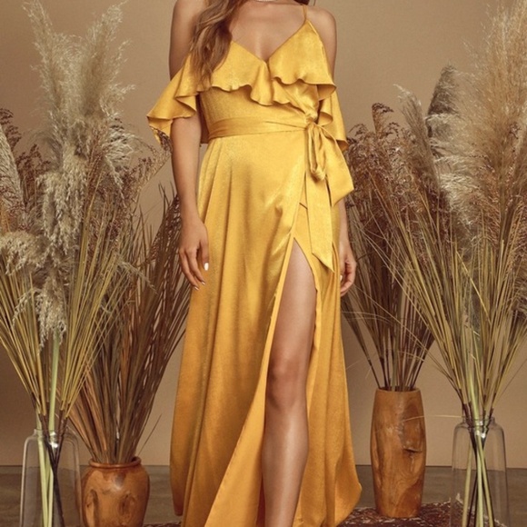 Lulus Moriah Mustard Yellow Satin Wrap Maxi Dress - Size M - Picture 1 of 3